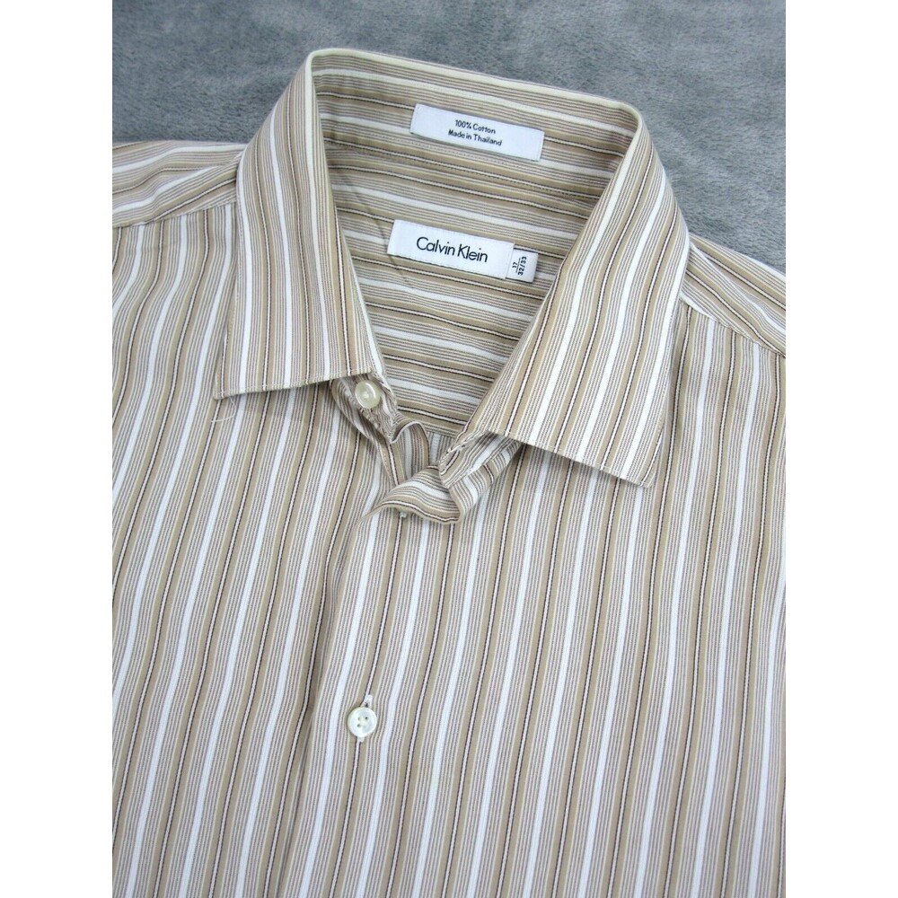 Calvin Klein Sz 17 32/33 Dress Shirt Buttoned Down Long Slv Striped Beige White